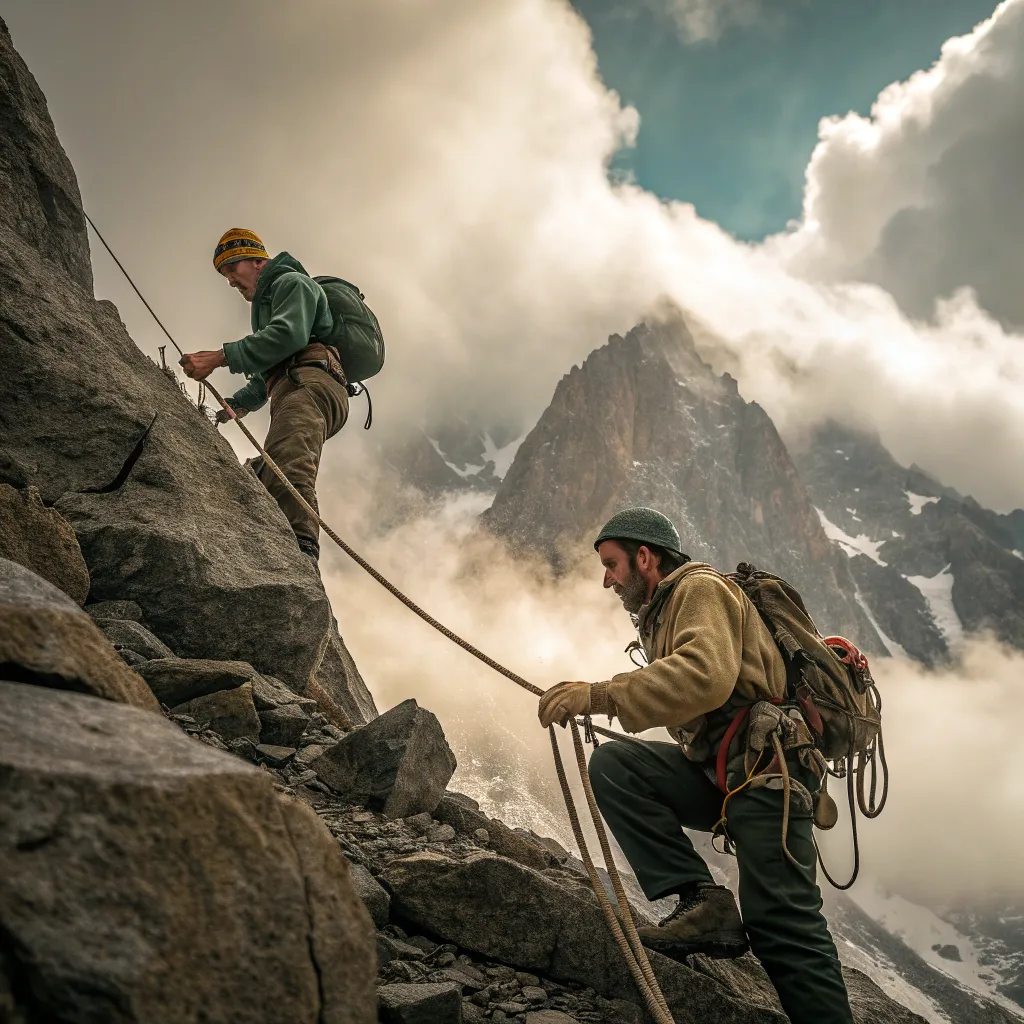A historical photo of climbers scaling a mountain