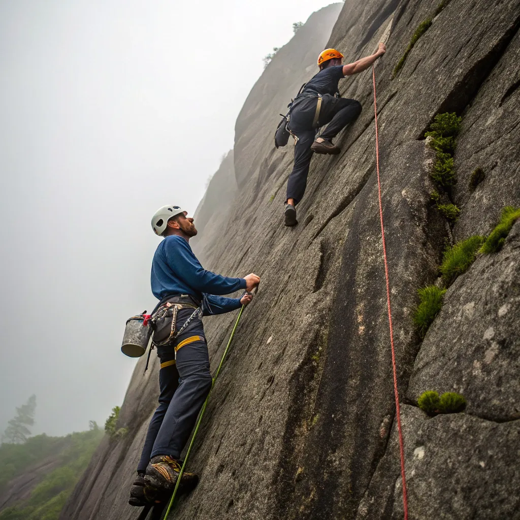 Climbers scaling a steep rock face under guidance